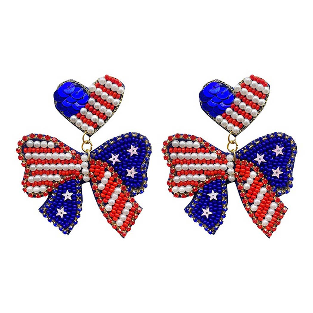 Seed Beaded USA Flag Ribbon Earring: One Size / MUL