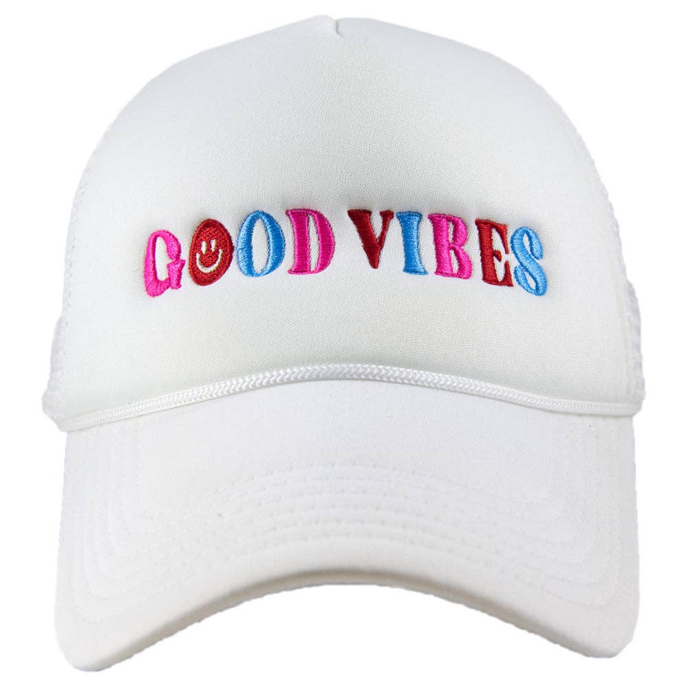 Happy Good Vibes Foam Trucker Hat: Hot Pink and White