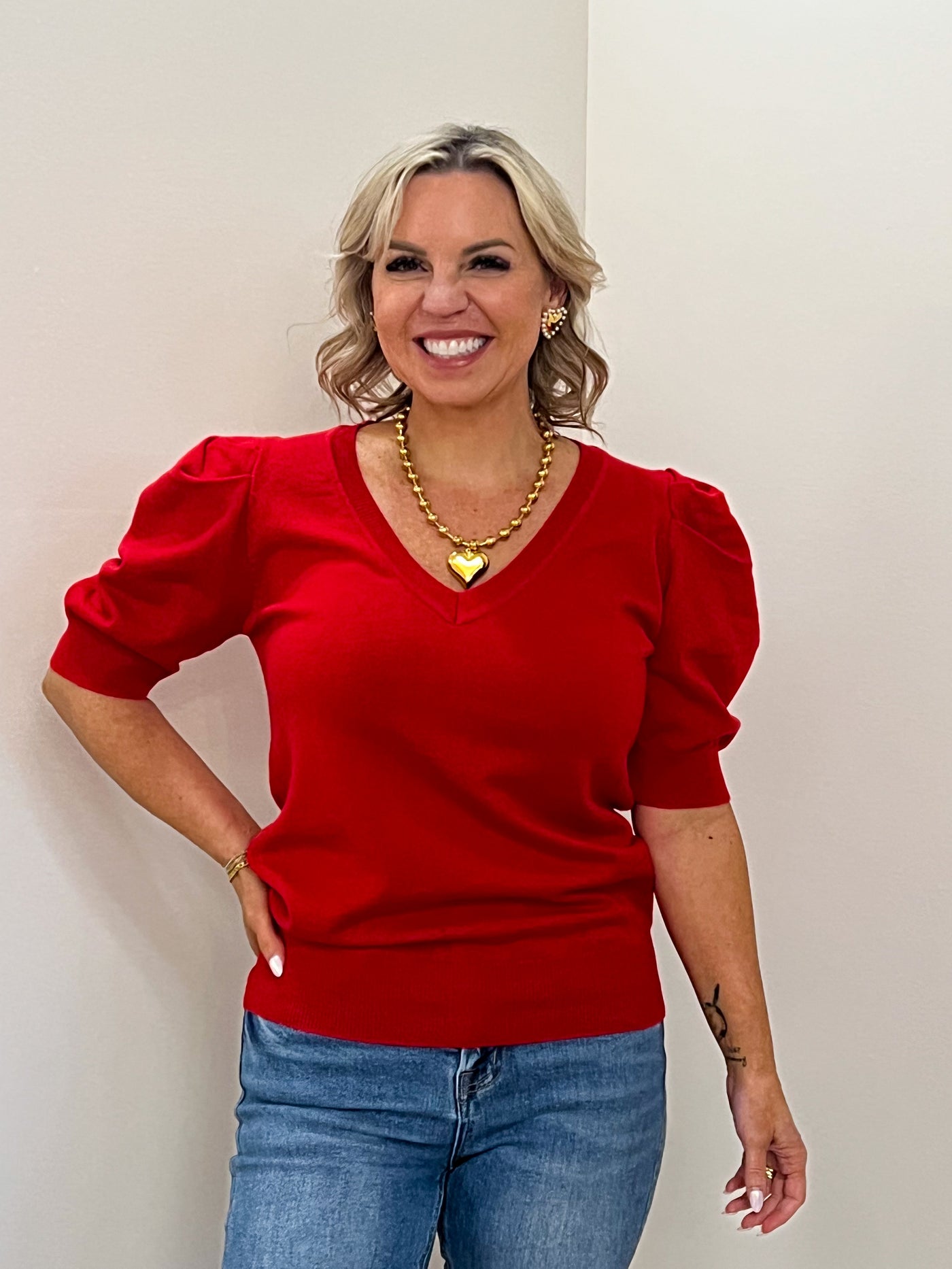 Colleen Puff Sleeve Knit Top (RED)