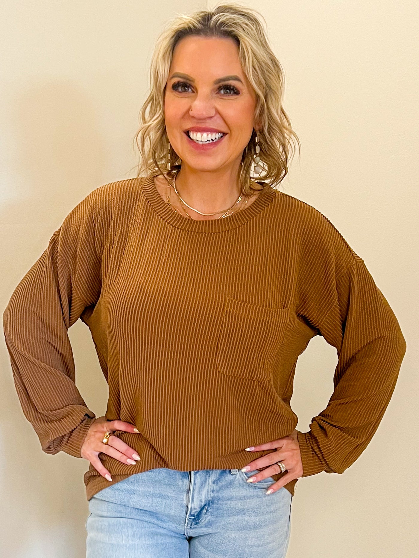 Ava Long Sleeve Textured Top (Brown)