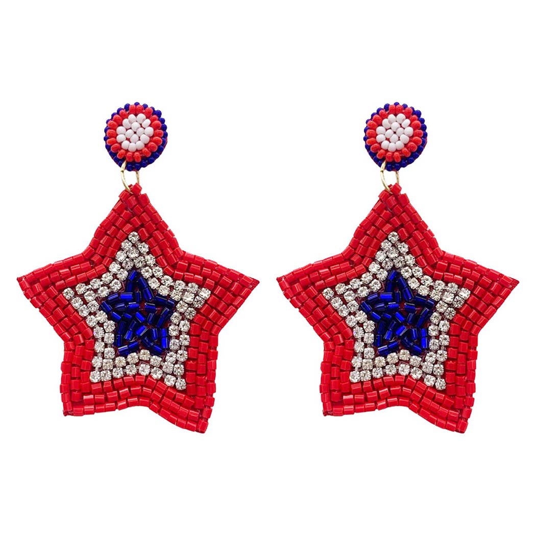 USA Flag Colored Seed Beaded Star Post Earrings: ONE SIZE / MUL