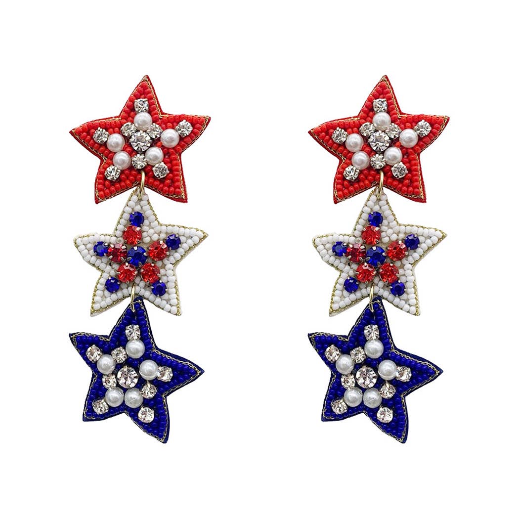 USA Color Three Stars Drop Seed Beads Earrings: ONE SIZE / MUL