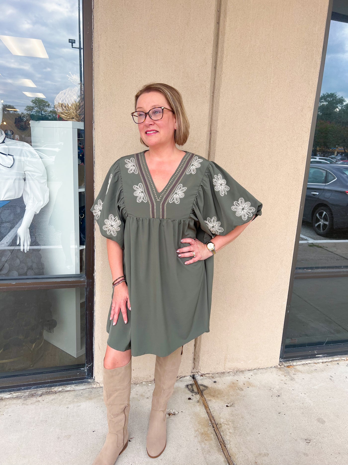 Elise Olive Embroidered Dress