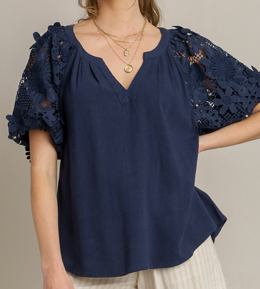 Feyre Lace Sleeve Top (Navy)