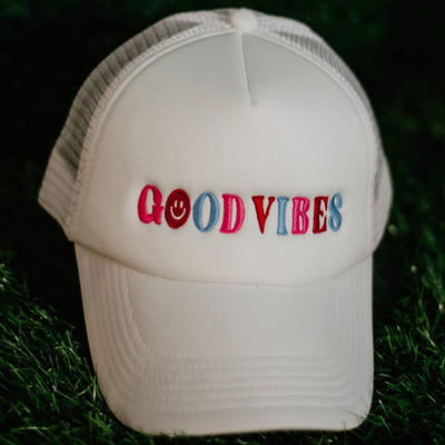 Happy Good Vibes Foam Trucker Hat: Hot Pink and White