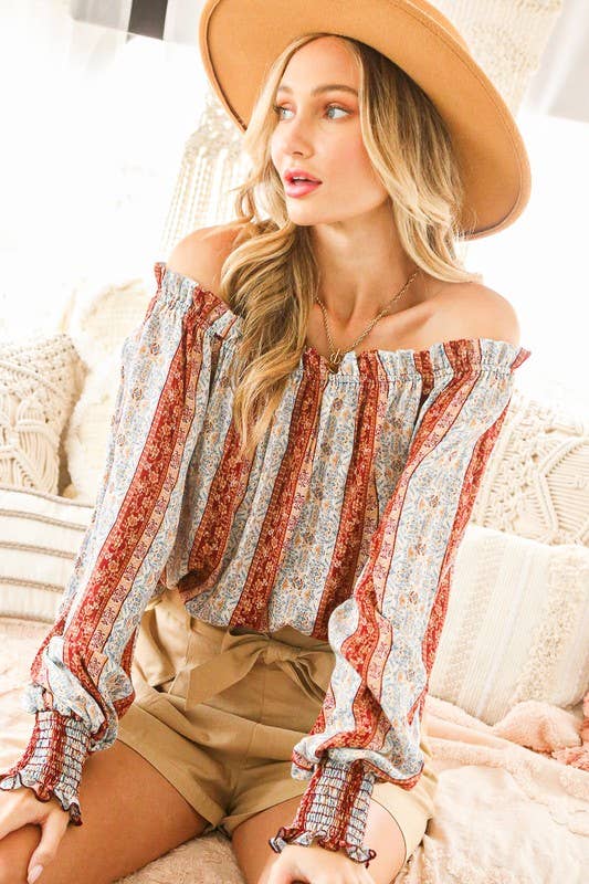 Hazel Off-Shoulder Floral Stripe Top