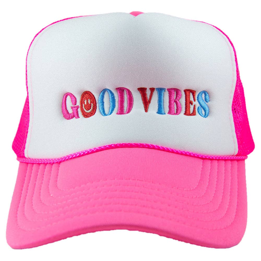 Happy Good Vibes Foam Trucker Hat: Hot Pink and White