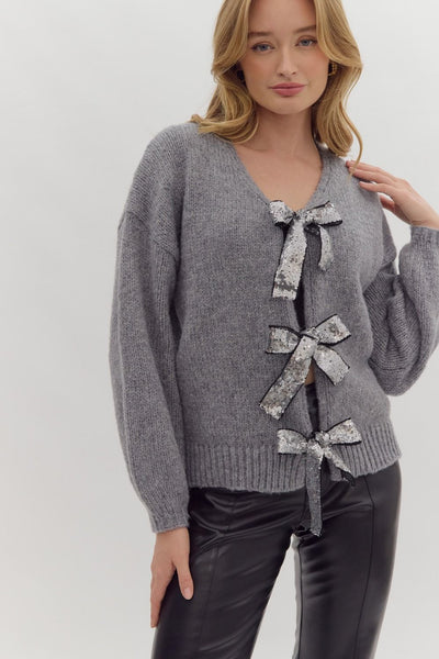 Mila Bow Cardigan (Charcoal)